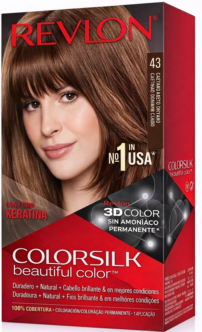 ريفلون صبغة شعر ريفلون كولور سيلك رقم 43 بني ذهبي فاتح – لون دائم بدون أمونيا مع كيراتين وتغطية كاملة للشيب - Image 1